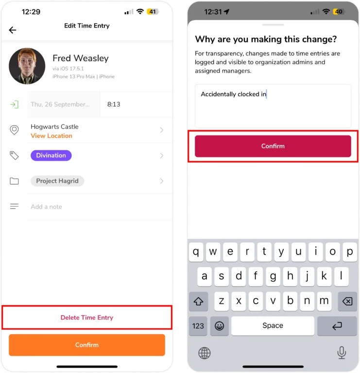 Deleting Time Entry on Mobile