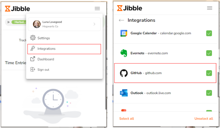 GitHub na aba de integrações na extensão do Jibble