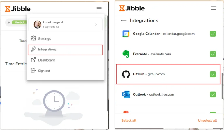 GitHub under integrations tab on Jibble chrome extension