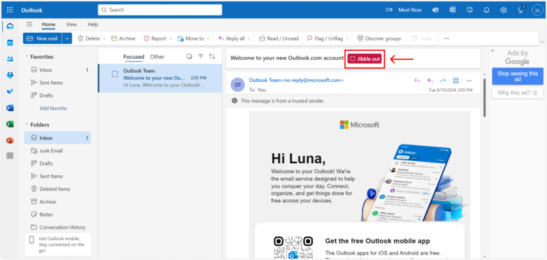 Jibble out button on Microsoft Outlook email 