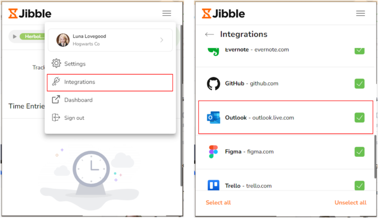 Microsoft Outlook na aba de integrações na extensão do Jibble para Chrome