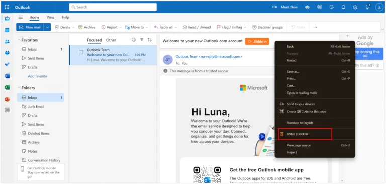 Clocking in via right click on Microsoft Outlook