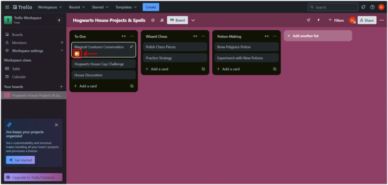 Botão 'Jibble in' no Trello para começar a monitorar o tempo