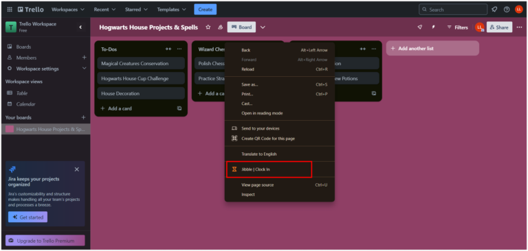 Clocking in via right click in Trello