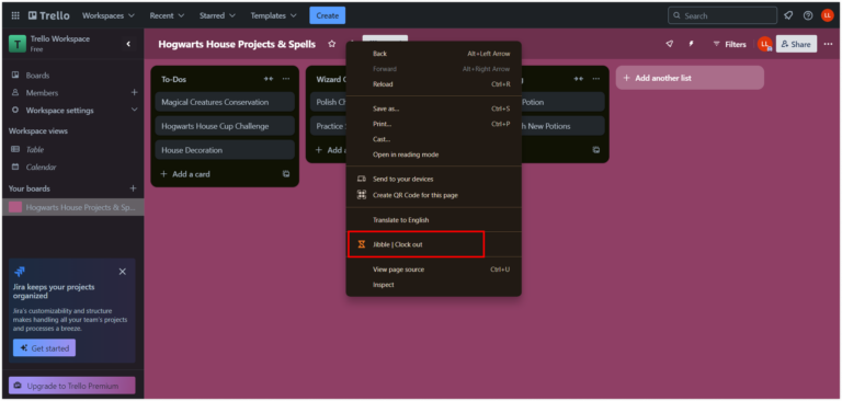 Clocking out via right click in Trello