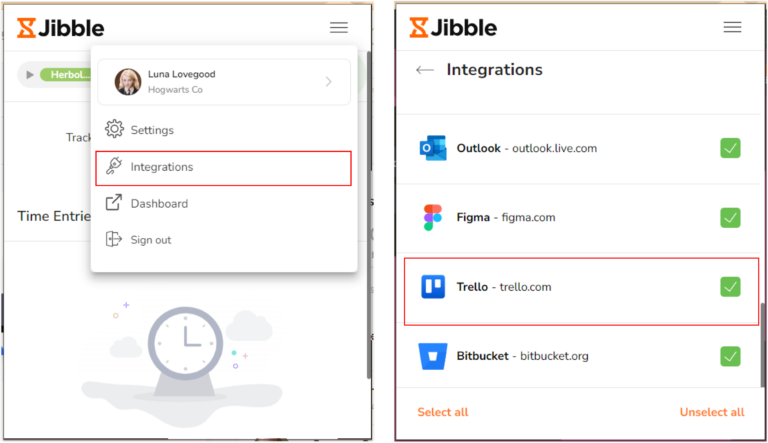 Trello na aba de integrações da extensão do Jibble para Chrome