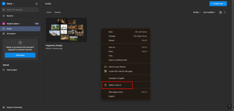 Clocking in via right click in Figma