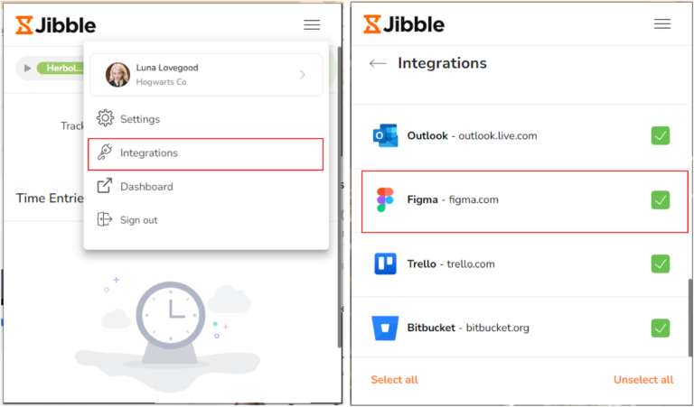 Figma under integrations in Jibble chrome extension