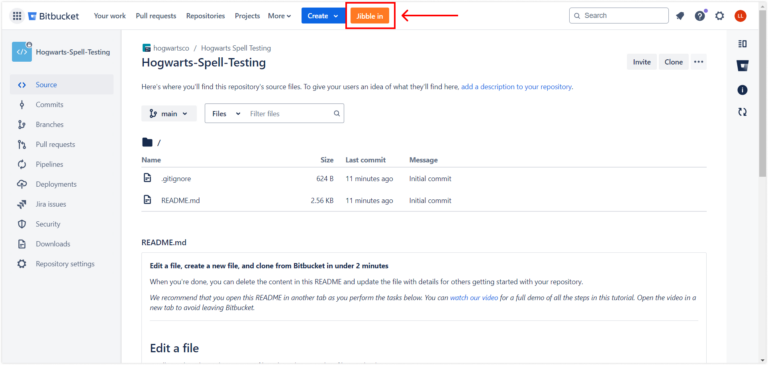 Botão Jibble in na página do repositório para começar a monitorar o tempo