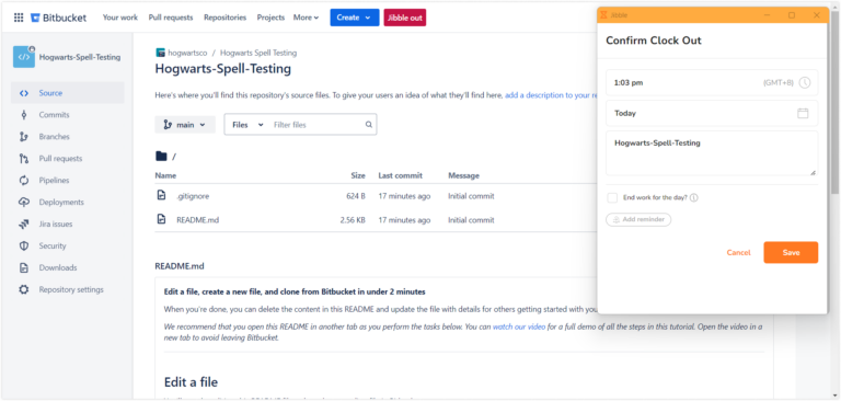 Registrando saída diretamente do Bitbucket