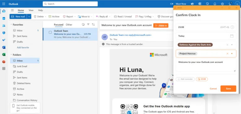 Clocking in via Microsoft Outlook email