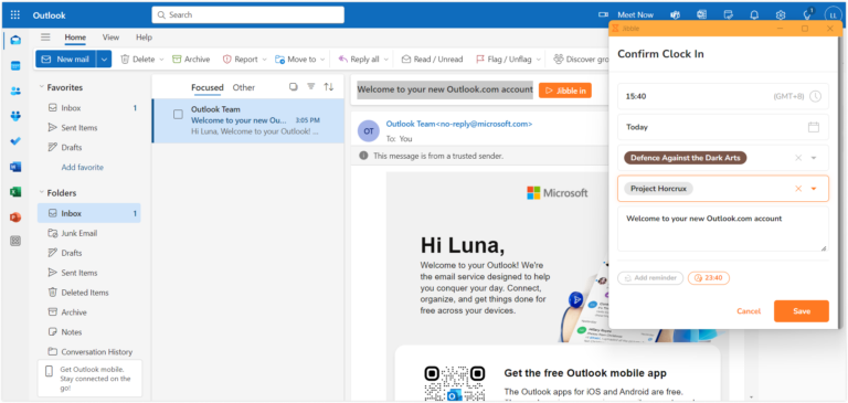 Inputting activities and projects via text highlighting on Microsoft Outlook