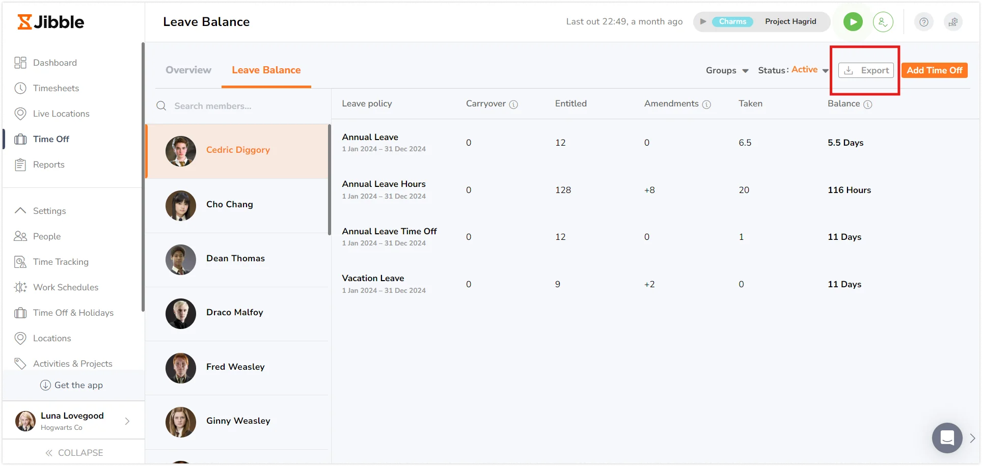 Export button on time off leave balance page