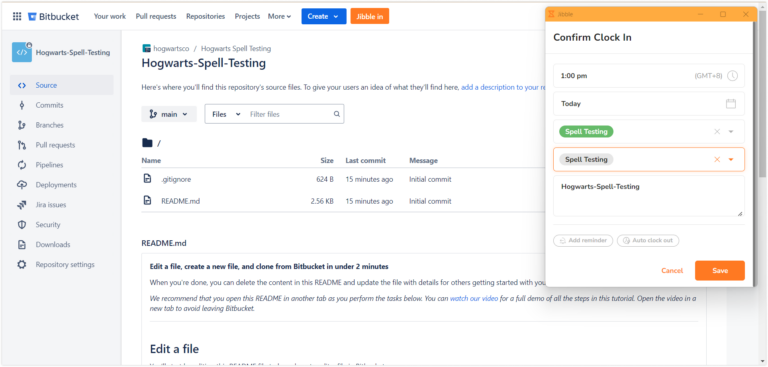 Registrando entrada diretamente do Bitbucket para monitorar o tempo