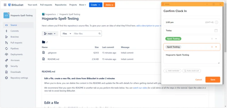 Clocking in directly from Bitbucket