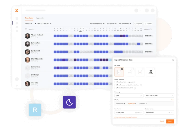 Esportazione dei timesheet in file Excel o CSV, oppure direttamente al proprio software per le retribuzioni.