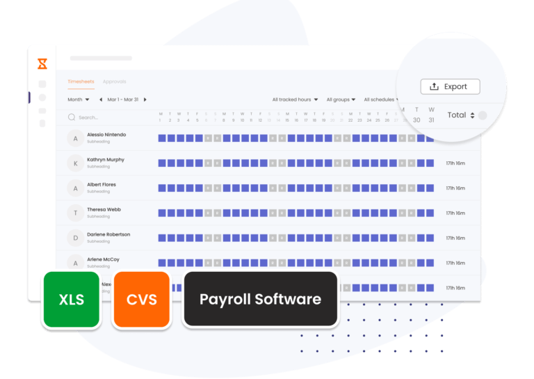 Esportazione dei timesheet in formato CSV o Excel.