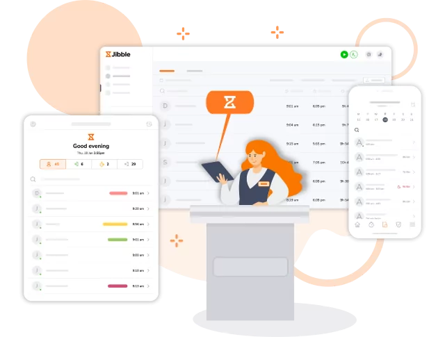 Gestione delle presenze da parte di una receptionist di un hotel su qualsiasi dispositivo con Jibble.