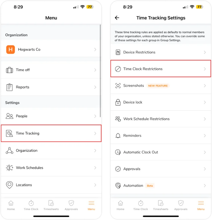Time clock restrictions on mobile