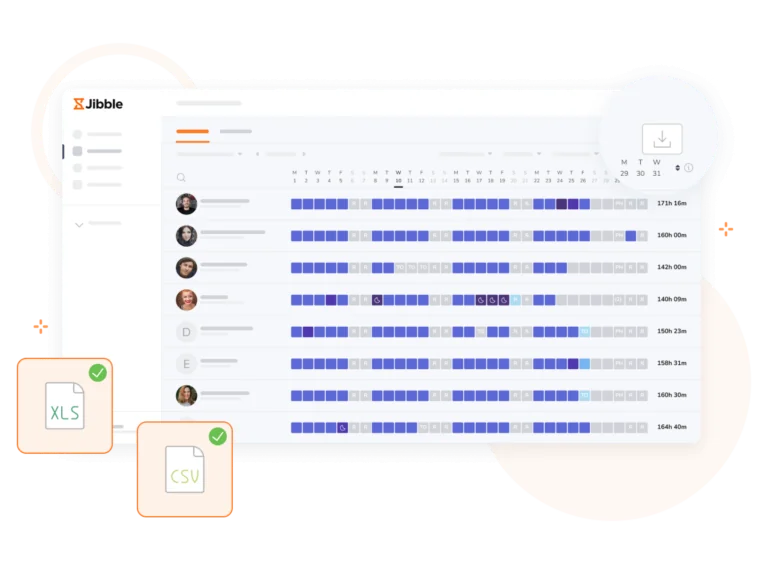 Timesheet esportabili in Excel e CSV.