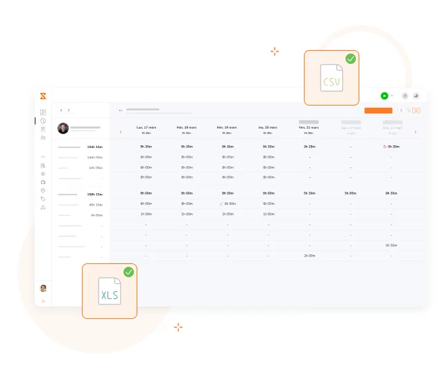 Timesheet esportabili in Excel e CSV.