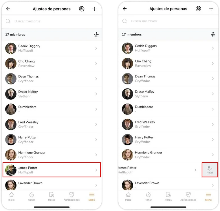 Swiping left on a member to move groups on mobile app