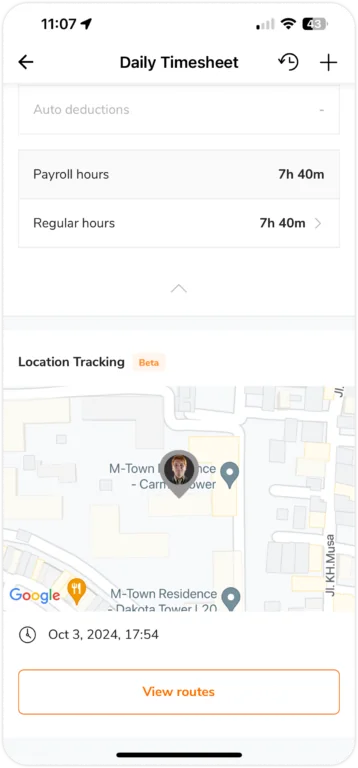 Location tracking view in detailed timesheet on mobile