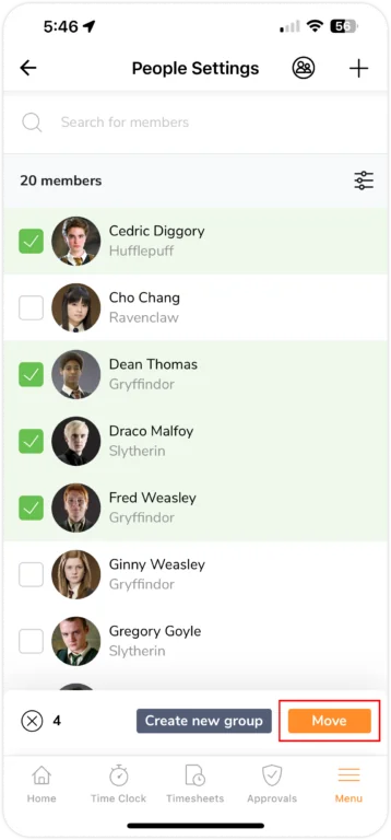 Bulk select members to move to other group on mobile