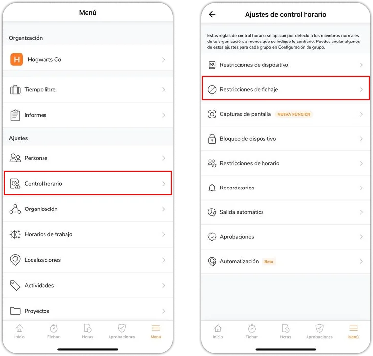 Time tracking settings and time clock restrictions on mobile app