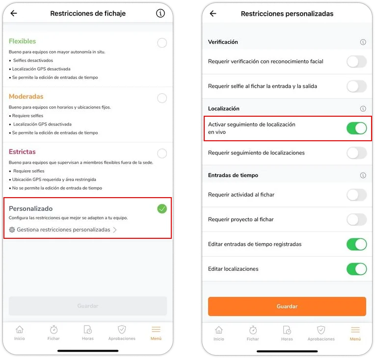 Custom settings and enabling live location tracking on mobile app