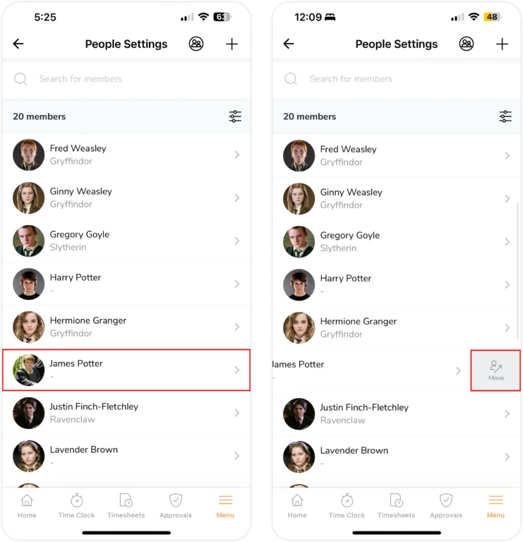 Move a member to other group on mobile