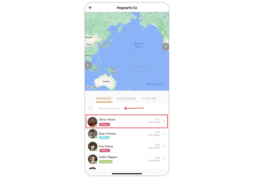 Searching for member under who's in and out widget on mobile app