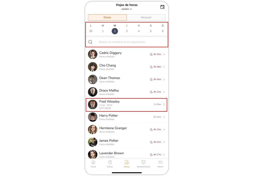 Search for a member under timesheets on mobile app`