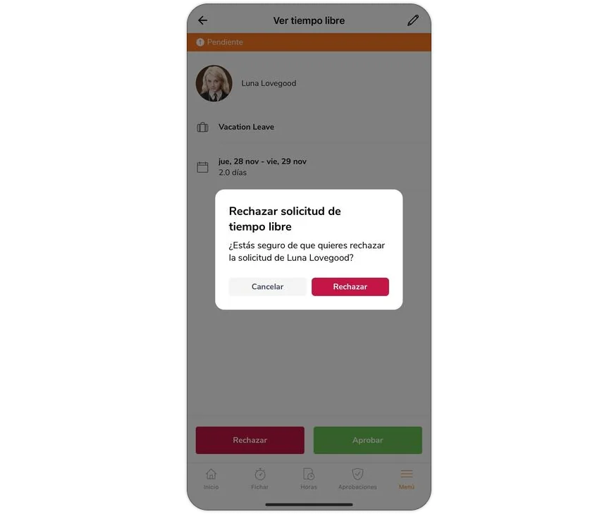 Confirmation to reject a time off on mobile app