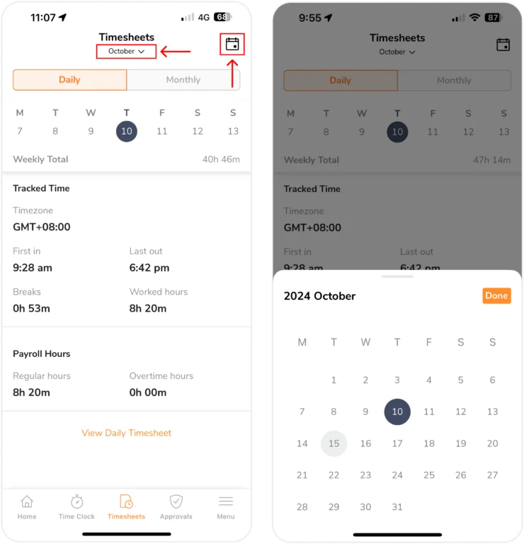 Changing dates in daily personal timesheet view on mobile