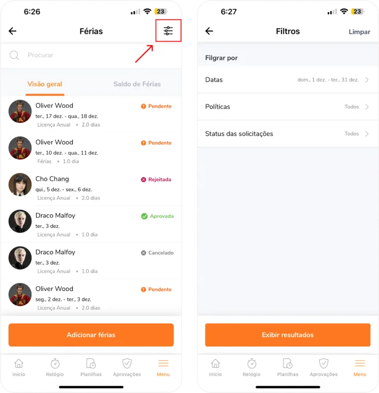 Time off request filters on mobile