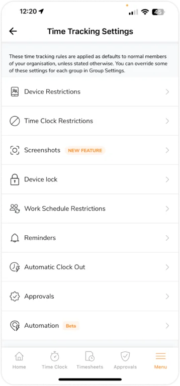 Time tracking settings on mobile