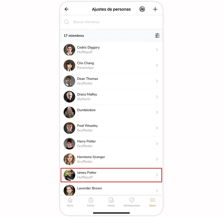 Selecting a member on mobile app