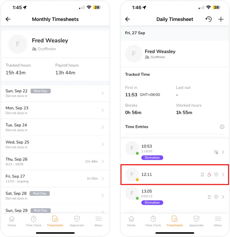 Monthly & Daily Timesheet on Mobile