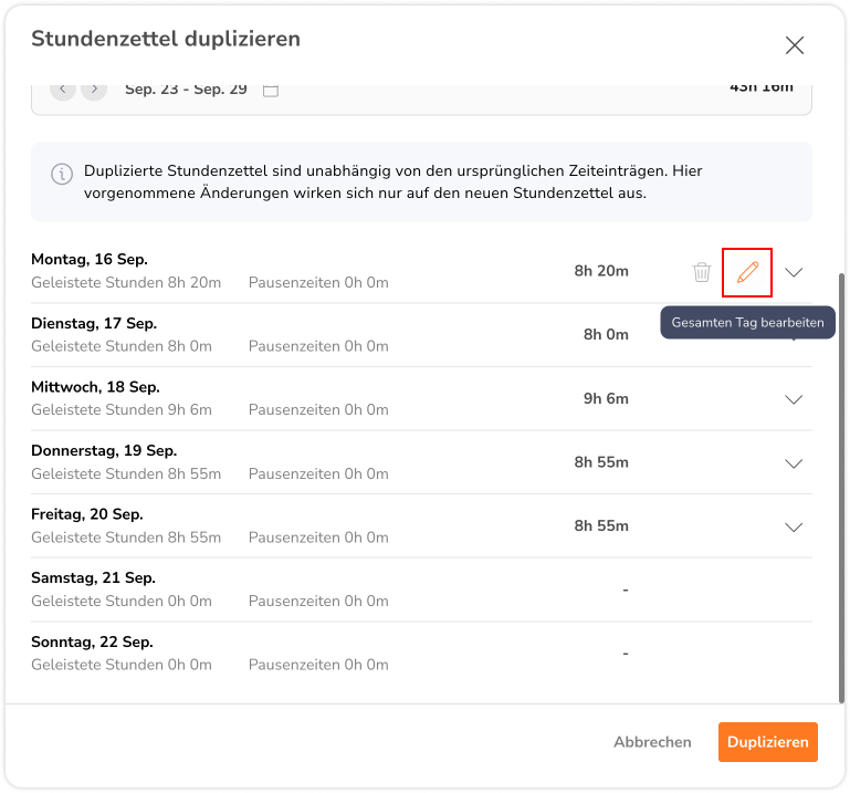 Editing duplicated timesheet for entire day 