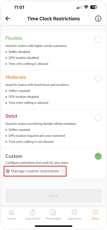 Manage custom restrictions on mobile