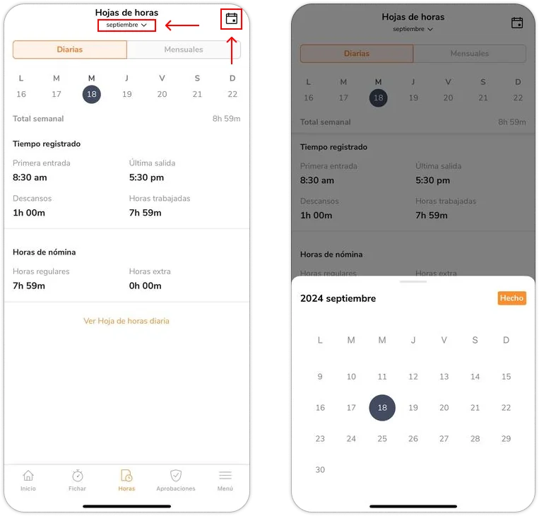 Selecting the date to view on timesheets on mobile app