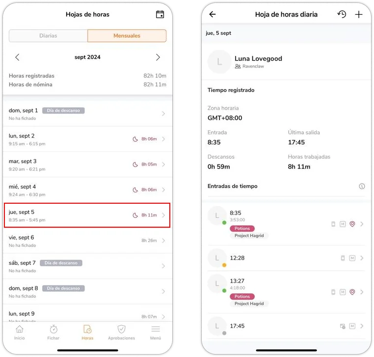 Viewing daily time entry via monthly timesheet view on mobile app