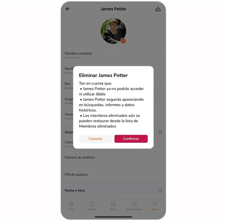 Confirmation message to remove member on mobile app