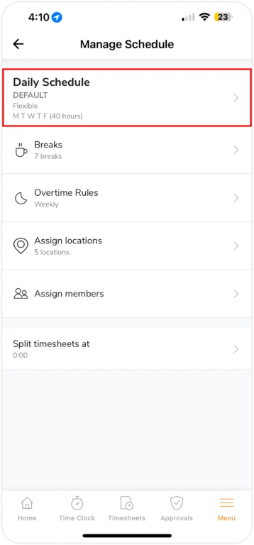 Change work schedule settings on mobile