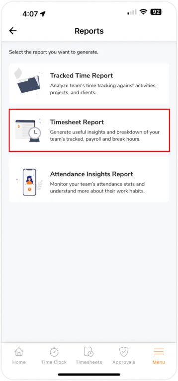 timesheet report on mobile