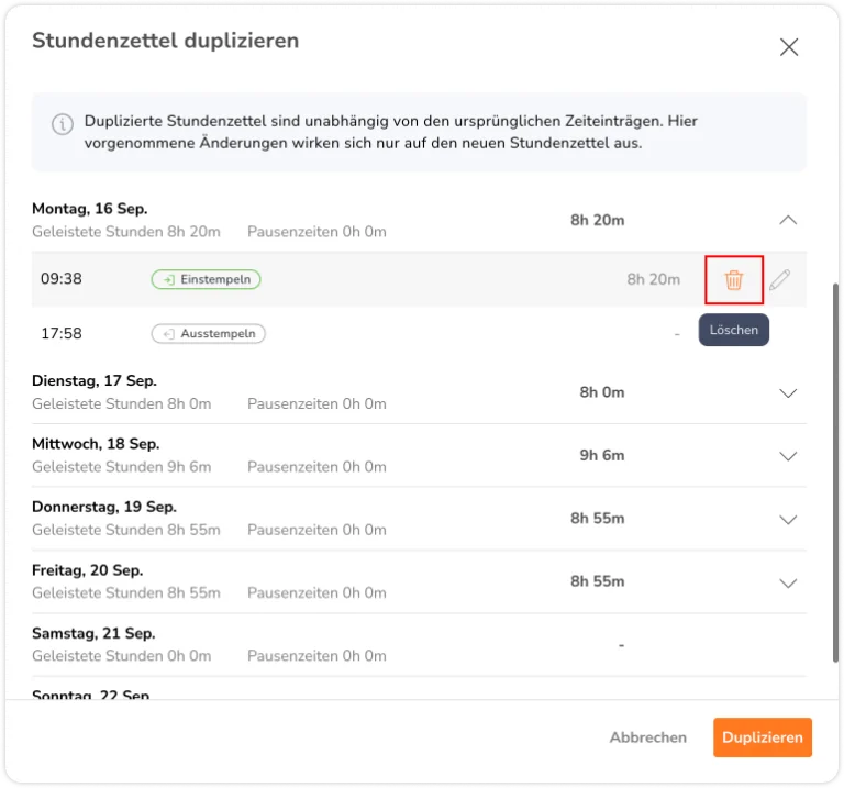 Deleting duplicated timesheet individual entries 