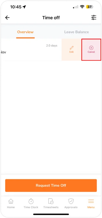 swipe to cancel pending time off on mobile