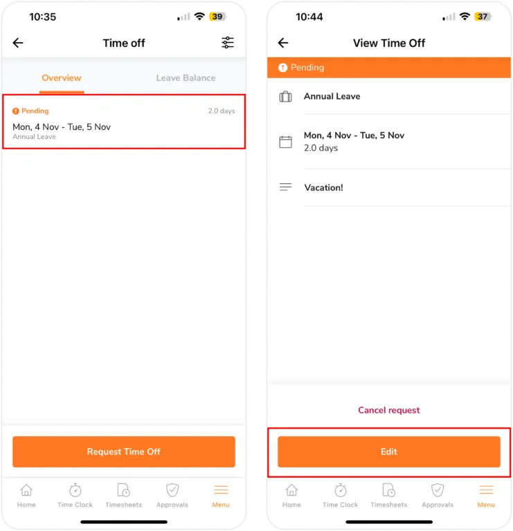 editing pending time off on mobile