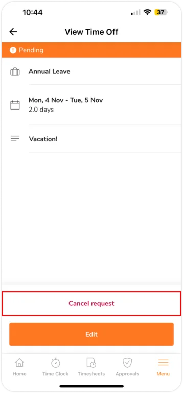 cancel time off on mobile